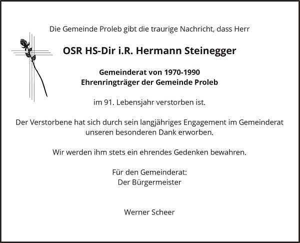 OSR HS-Dir i.R. Hermann Steinegger, 90 Jahre
